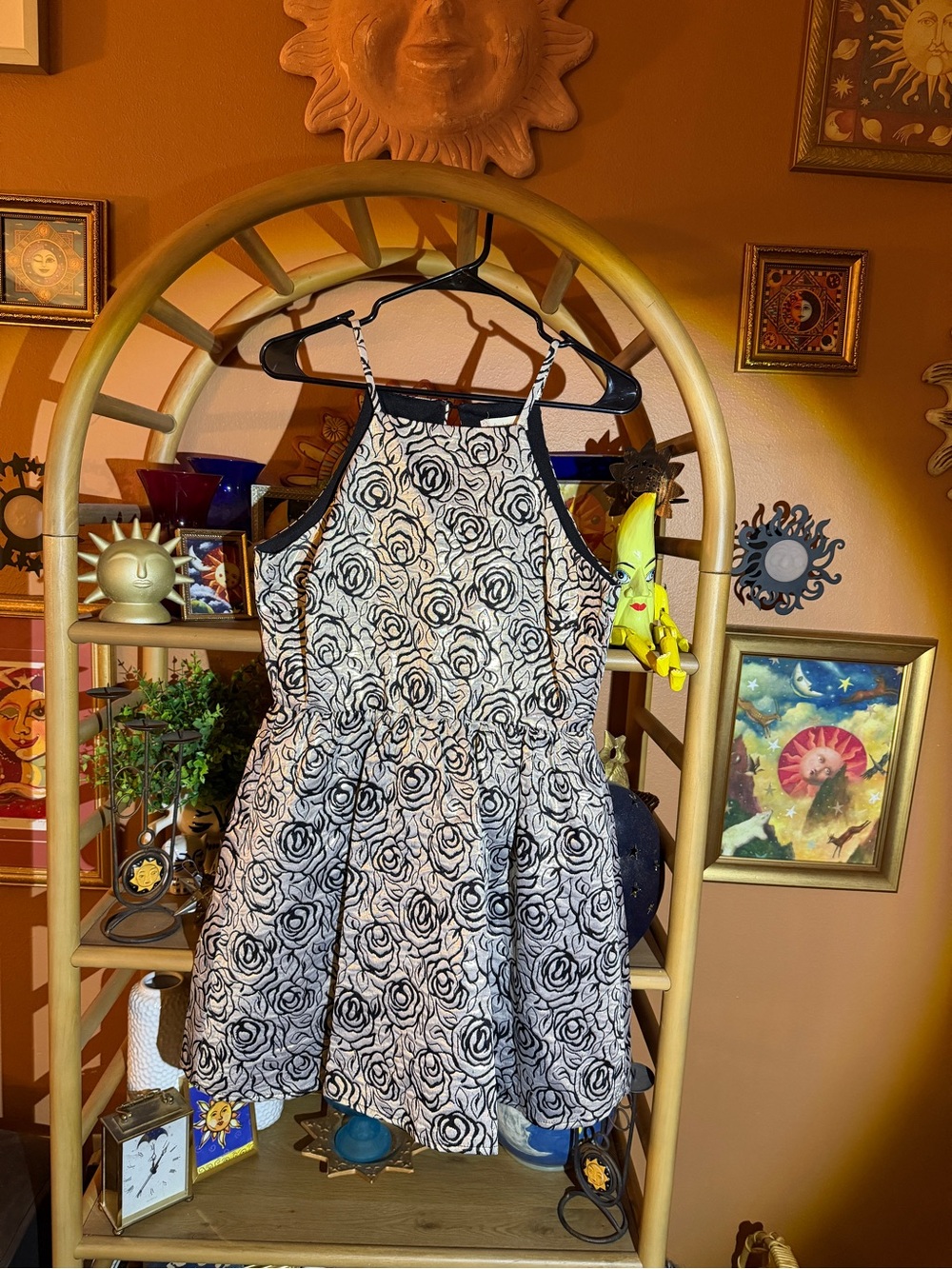 Black & Gold Altar’d State Rose Print Halter Dress